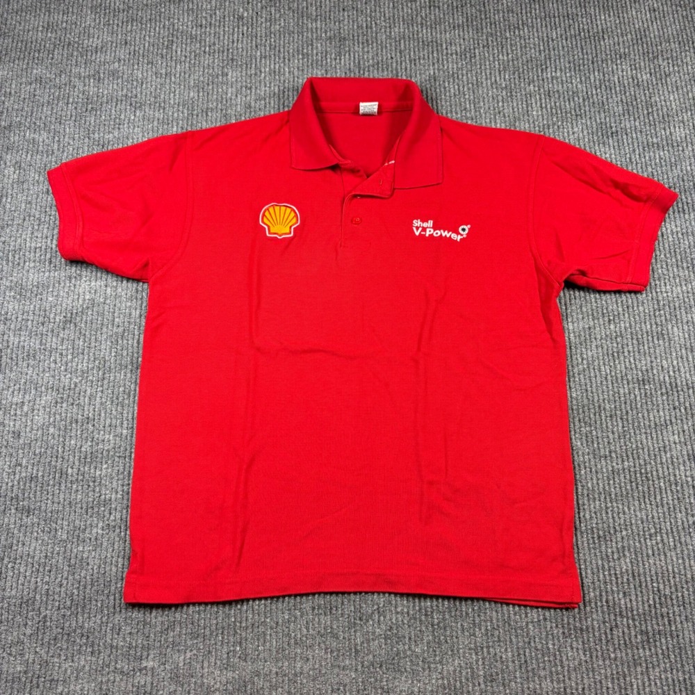Shell V-Power Gasoline Red Polo Shirt Mens Large Short Sleeve Gas Station Promo